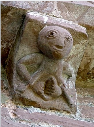 A 12th-century sheela na gig on the church at Kilpeck, Herefordshire, England.